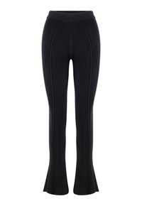 Zwarte, geribbelde gebreide flared pants met een strakke tailleband, voorzien van verticale lijnen en een gestructureerd silhouet. Zachte textuur en elastische stretch.
