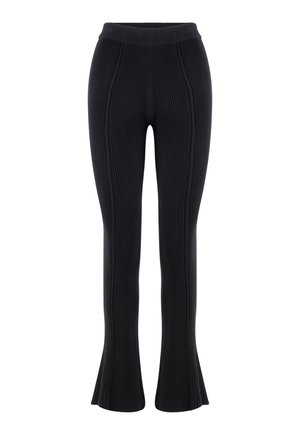 Schwarze, gerippte, ausgestellte Hosen aus Strick mit einem taillierten Bund, die vertikale Linien und eine strukturierte Silhouette bieten. Weiche Textur und elastischer Stretch.