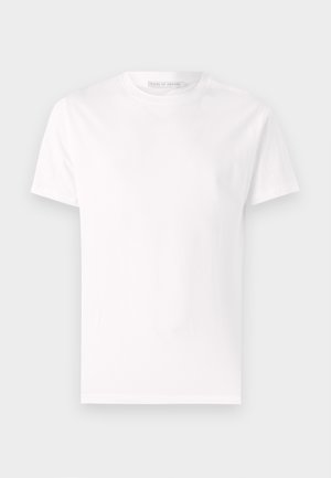Weißes Baumwoll-T-Shirt mit kurzen Ärmeln, einem runden Halsausschnitt und einer glatten, weichen Textur. Keine Muster; schlichtes Design.