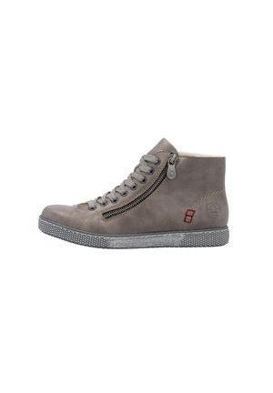 Gray high-top sneaker made of smooth leather, featuring a side zipper, textured rubber sole, and contrasting stitching detail.