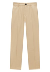 Pantalon en similicuir beige avec une coupe droite, doté d'une fermeture éclair à l'avant, d'un bouton et de deux coutures verticales sur le devant.