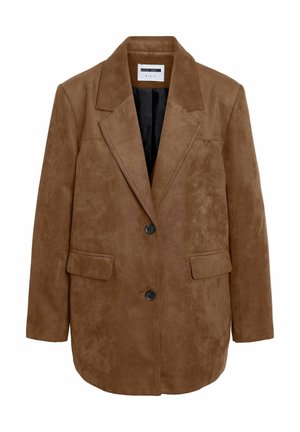 Blazer in suede marrone con colletto a reversing, chiusura a singolo bottone, due tasche frontali e una foderatura nera liscia.