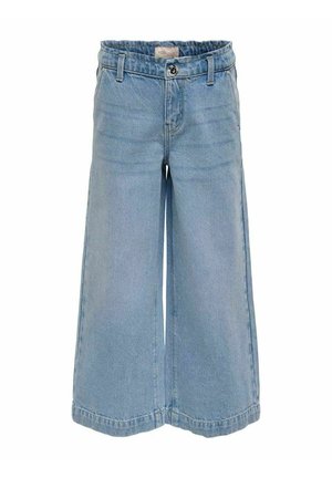 Jasnoniebieskie szwedy z denimu o luźnym kroju, z zapięciem na guziki, szlufkami na pasek i szerokimi nogawkami. Gładka faktura z przeszyciami.