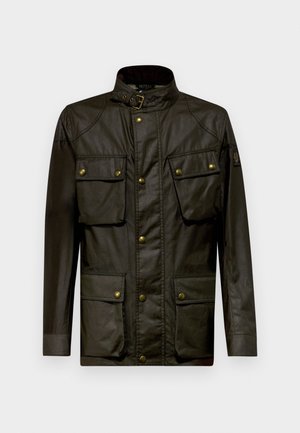 Dark green waxed jacket with a high collar, snap button closure, four front pockets, and shoulder detailing. Features gold-colored hardware.