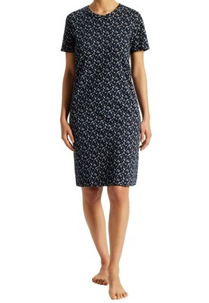 Kurzärmliges navy Kleid mit einem floralen Muster in Weiß und Pink. Aus weichem Baumwollmaterial, knielang, mit rundem Halsausschnitt und schmaler Passform.