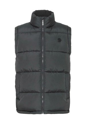 Crni prsluk od puha s visokim ovratnikom, prednjim zatvaračem i dva bočna džepa. Sadrži šivane panele za izolaciju i akcent s okruglim logom.