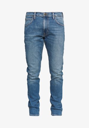 Blauwe slim-fit spijkerbroek met voorzakken, riemlussen en knoopsluiting, met natuurlijke kreukels en een licht vervaagde wassing.