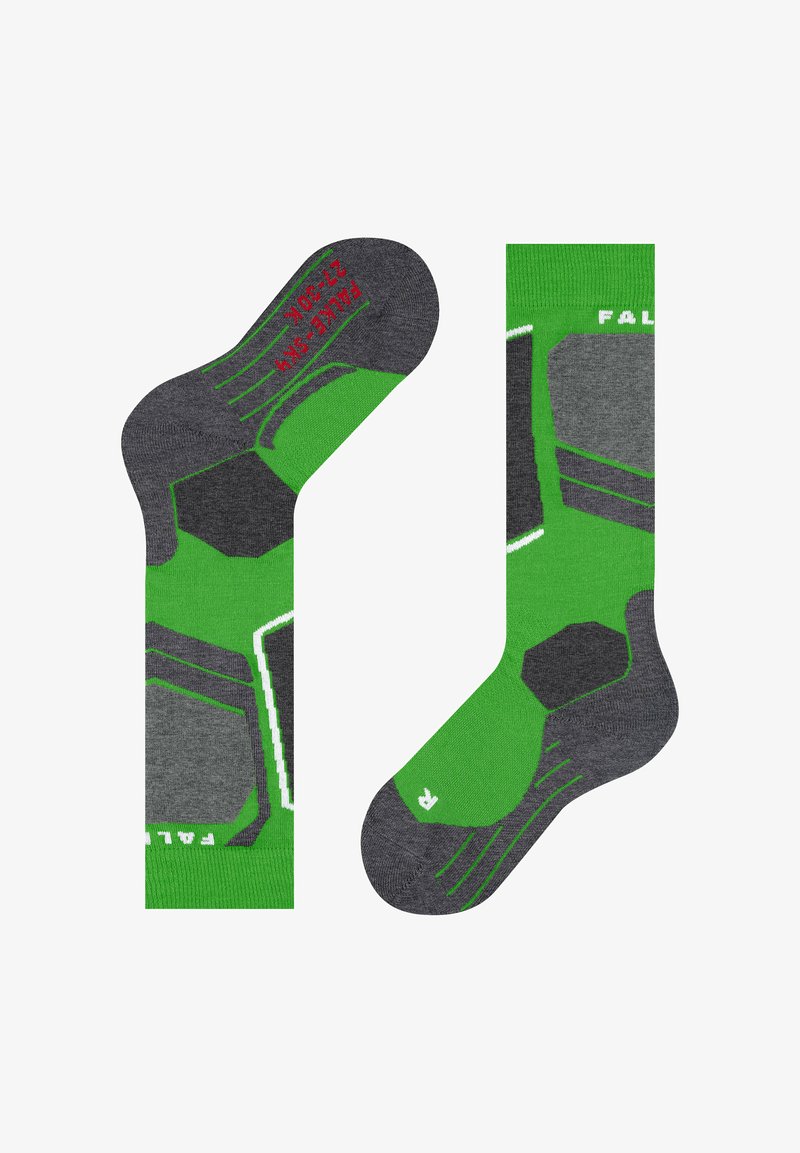 Calzini verdi e grigi con un motivo geometrico, maglia strutturata e tacco rinforzato. Include etichettatura rossa e bianca sulla suola.