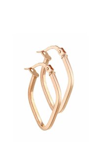 Nakit od ružičastog zlata u obliku geometrijskih obruča s vitkim, izduženim heksagonalnim oblikom i kopčom na petlju.