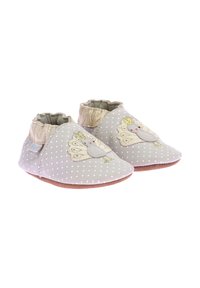 Grijze textiel babyschoenen met witte stippen, elastische enkel, met een vogelborduring en gouden accenten op de kraag. Zachte zool.