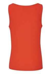 Rød ribbet tanktop med rund halsudskæring og uden ærmer, der har en glat tekstur og en lige kant i bunden.