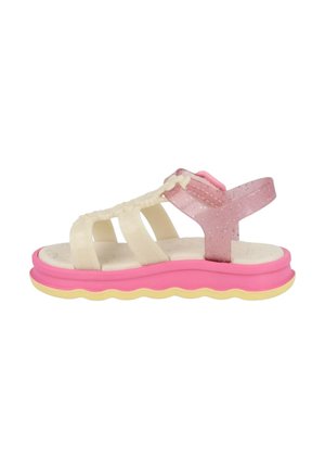 Sandalo bambino con punta aperta, cinturini bianchi, supporto del tallone rosa traslucido e suola imbottita rosa con bordo inferiore ondulato giallo.