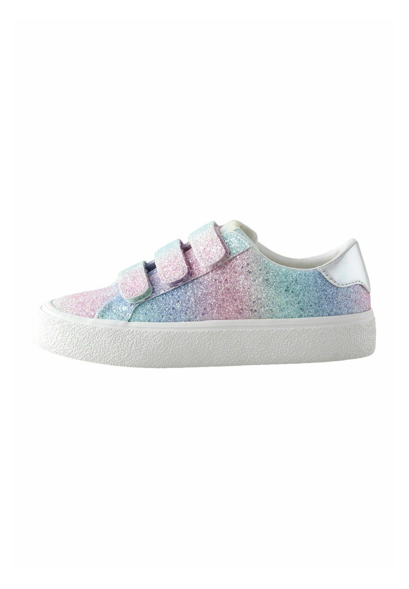 Glitzernde Sneakers mit einem Farbverlauf aus pastellrosa, blau und lila im Obermaterial, weißer strukturiertem Gummisole und drei Klettverschlussriemen.