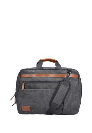 Dark gray canvas laptop bag with brown leather accents, multiple zippered compartments, carrying handles, and an adjustable shoulder strap.