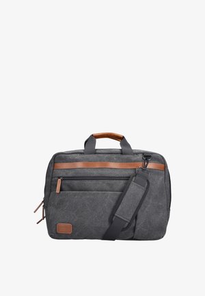Dark gray canvas laptop bag with brown leather accents, multiple zippered compartments, carrying handles, and an adjustable shoulder strap.