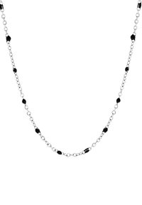 Zilveren ketting met zwarte kraalaccenten, met een verfijnd ontwerp en afwisselende schakels die een textuur geven.