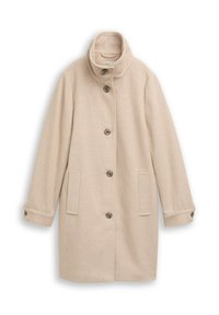 Beige wollen jas met opstaande kraag, vijf knopen aan de voorkant, twee zijzakken en knoopmanchetten, plat gelegd op een witte achtergrond.