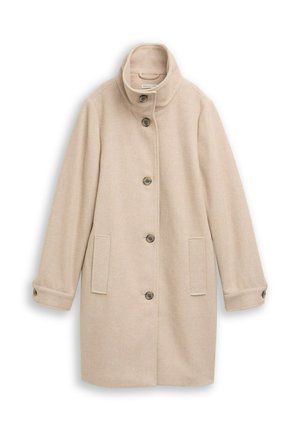 Beige wollen jas met opstaande kraag, vijf knopen aan de voorkant, twee zijzakken en knoopmanchetten, plat gelegd op een witte achtergrond.