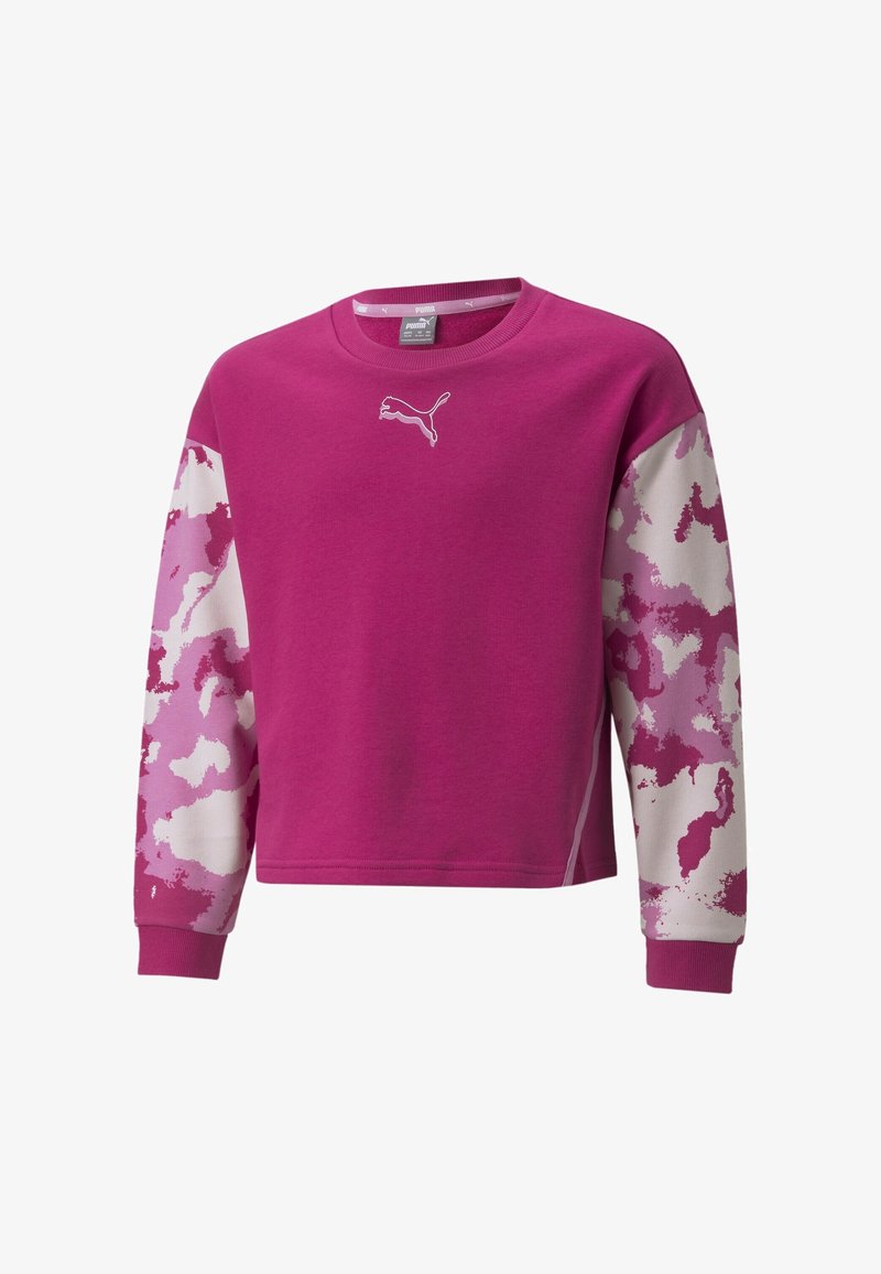 Felpa rosa con scollatura tonda, caratterizzata da un corpo rosa uniforme e maniche bianche con un motivo camouflage rosa. Include un piccolo logo sulla parte anteriore.