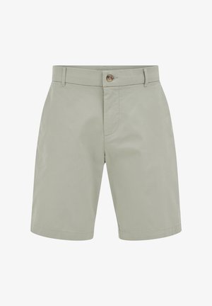Shorts gris clair sur mesure avec une fermeture à bouton, des passants de ceinture et un design frontal épuré.