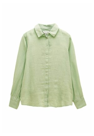 Light green long-sleeve button-up shirt with a collar, visible buttons down the front, and buttoned cuffs.