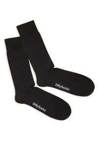 Calcetines de algodón negros con puños acanalados y puntera reforzada, que presentan el nombre de la marca "DillySocks" en letras blancas en la parte inferior.