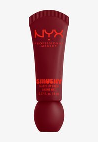 Baume à lèvres Smushy Matte de NYX dans un tube rouge avec une base arrondie. Présente un texte orange vif et un capuchon strié. Contenance : 0,27 fl. oz. (8 mL).