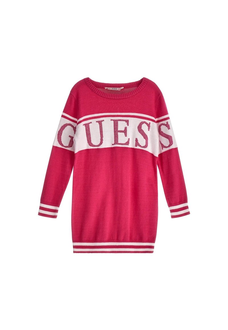 Pull en tricot rose avec logo "GUESS" blanc, col rond côtelé et poignets et ourlet rayés. Coupe décontractée avec des manches longues.