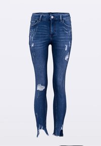 Strakke jeans in donkerblauw denim met een verweerd ontwerp, voorzien van scheuren en rafelige zoom, vijf zakken en een knoopsluiting.