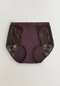 Dark purple high-waisted brief made of smooth fabric, featuring lace side panels with floral patterns. Elastic waistband for comfort.