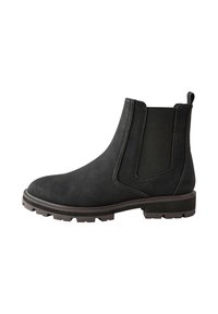 Schwarze Chelsea-Stiefel mit glatter Oberfläche, elastischen Seitenteilen und texturierter Gummisohle. Verfügen über eine Zuglasche für leichtes An- und Ausziehen.