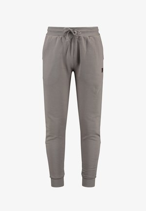 Graue Sweatpants aus weichem Material, mit einem elastischen Bund und Kordelzug, gerippten Bündchen und einer Seitentasche.