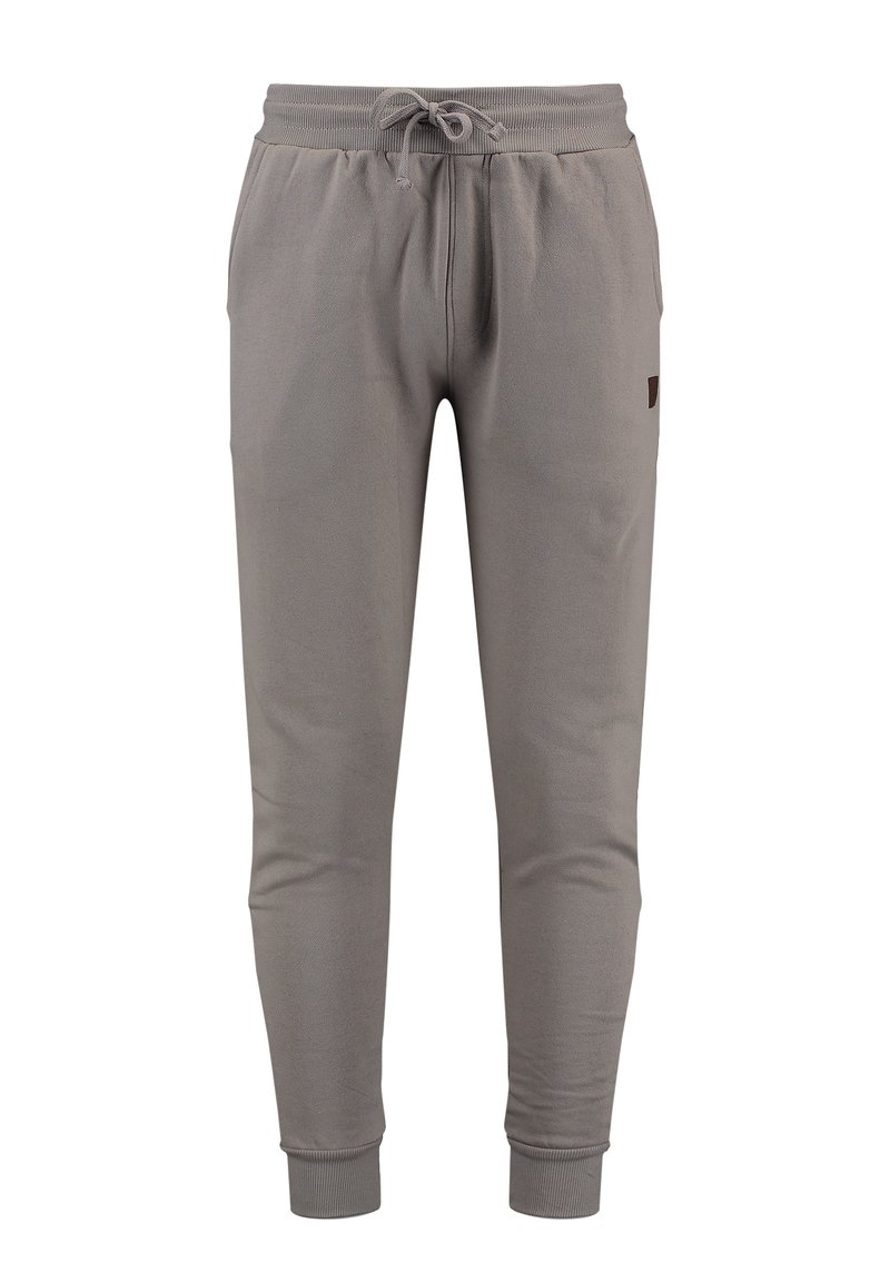 Pantalones de chándal grises hechos de una tela suave, con cintura elástica y cordón, puños acanalados y un bolsillo lateral.