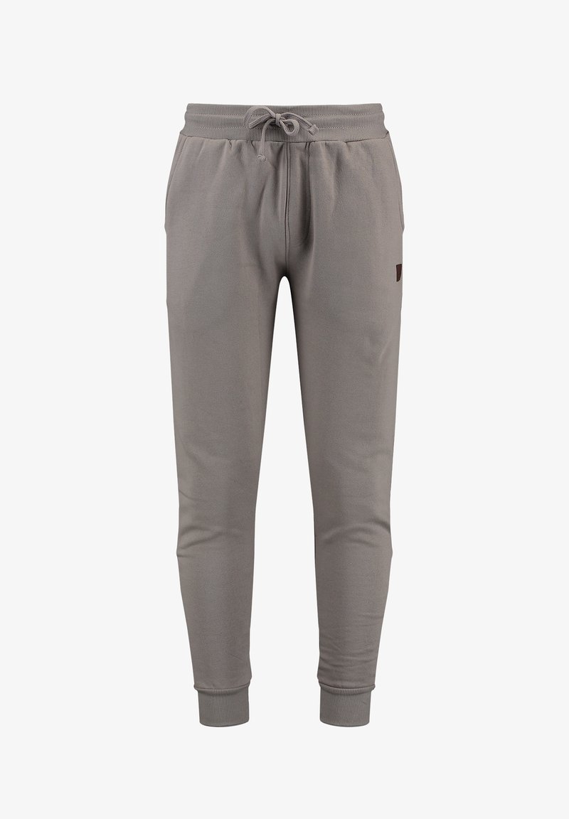 Graue Sweatpants aus weichem Material, mit einem elastischen Bund und Kordelzug, gerippten Bündchen und einer Seitentasche.