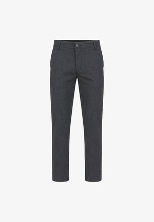 Ciemnoszare, dopasowane spodnie z płaskim przodem, z zapięciem na guzik i bocznymi kieszeniami. Gładka tekstura i smukły krój.