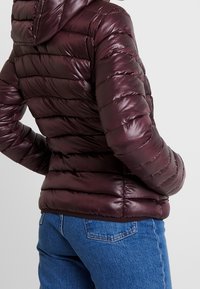 Maroon puffer jacket featuring a hood, glossy finish, and horizontal quilting. Paired with blue jeans, showcasing a fitted design and puffed texture.