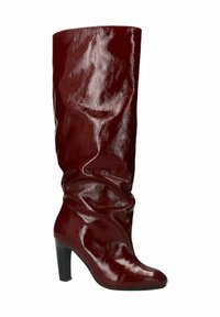 Knee-high burgundy leather boots with a glossy finish, featuring a tapered toe and a chunky heel, designed with soft, wrinkled detailing.