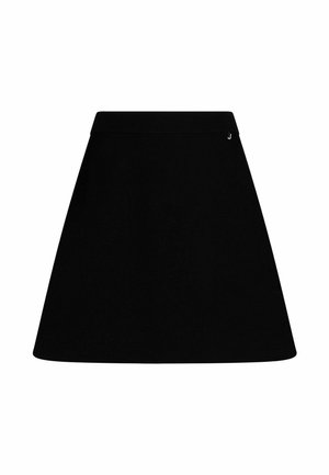 Fustă neagră în formă de A, cu talie cu bordură striată și un mic detaliu metalic cu logo pe lateral.