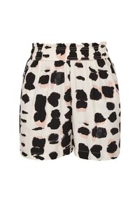 Black and pink spotted shorts with an elastic waistband, made of lightweight fabric, featuring a loose fit and a smooth texture.