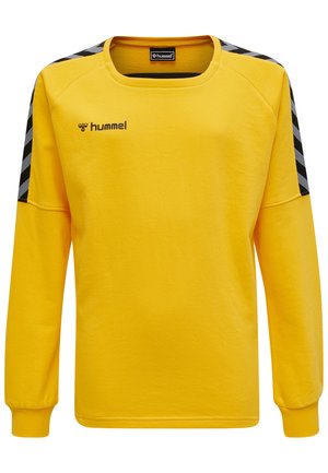 Geel sweatshirt met lange mouwen, gemaakt van zachte stof. Heeft zwart-witte chevronaccenten op de schouders en een ronde halslijn.