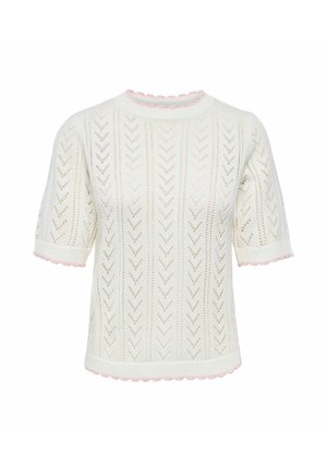 Maglia a maniche corte bianca con pizzo a motivi verticali a forma di cuore, scollo rotondo e rifiniture smerlate rosa su polsini, collo ed orlo.