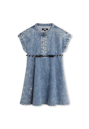 Denim blue short-sleeve dress with round neck, front zipper with DKNY logo, and black-and-white braided belt at waist.