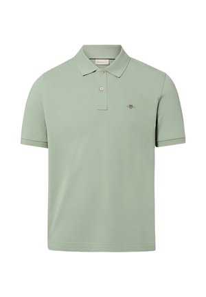 Hellgrünes Polohemd mit kurzen Ärmeln, zwei Knöpfen, geripptem Kragen und Bündchen sowie einem kleinen gestickten Logo auf der Brust.