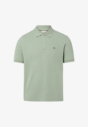 Lichtgroen poloshirt met korte mouwen, twee knopen, geribbelde kraag en manchetten, en een klein geborduurd logo op de borst.