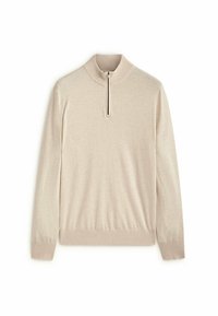 Beige long-sleeve sweater with a mock neck and a short front zipper, displayed flat on a white background.