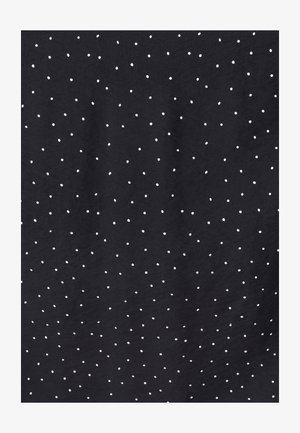 Tessuto nero con piccole pois bianchi irregolarmente distanziati e lievi pieghe.