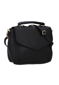 Schwarze Lederhandtasche mit strukturierter Oberfläche, goldfarbener Hardware, einem oberen Griff und einem abnehmbaren Schultergurt. Mit Klappenverschluss.