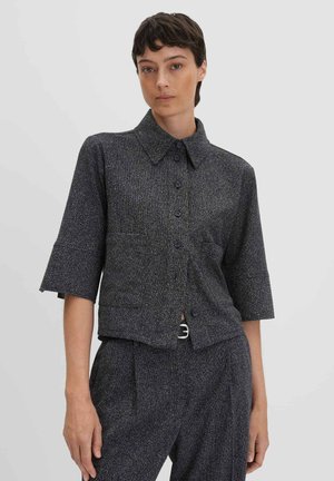 Dark textured jacket with short sleeves, button-up front, and a large collar. Features a subtle metallic fleck throughout.