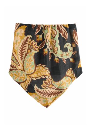 Musterter Schal aus Stoff mit dunklem Hintergrund. Enthält große Blumen- und Blattmotive in Beige, Braun und Mintgrün. Dreieckige Form.