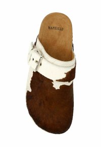 Brown and white patterned slip-on sandal with a leather upper, textured cowhide finish, adjustable buckle, and cushioned insole.